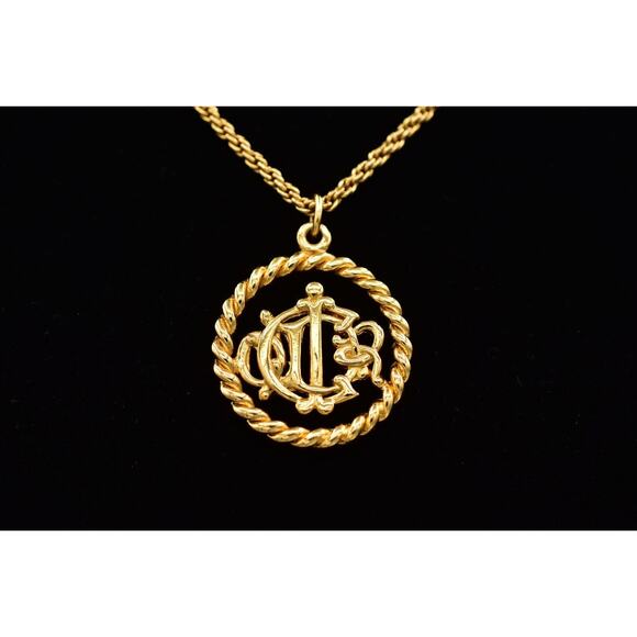 Christian Dior Vintage Insignia Logo Pendant Necklace Gold Tone Signed 80s BinBM
